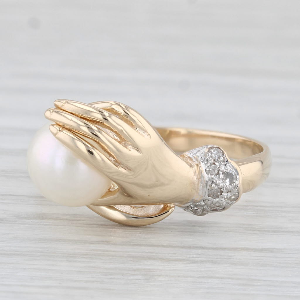 Light Gray Hand Holding Cultured Pearl Diamond Ring 14k Yellow Gold Size 8.25