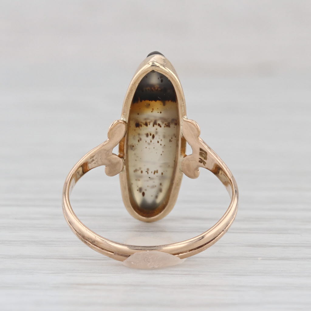 Vintage Montana Agate Cabochon Ring 10k Yellow Gold Size 6 Oval Solitaire