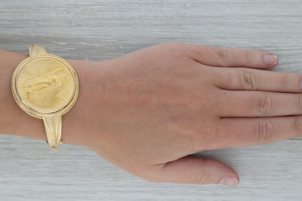 Rosy Brown 1908 $20 Dollar St Gaudens US Coin Bangle Bracelet 14k Yellow Gold Eagle 6.75”