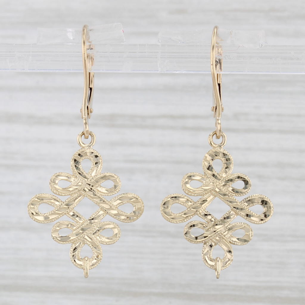 Light Gray Woven Openwork Dangle Earrings 14k Yellow Gold Lever Back Drops