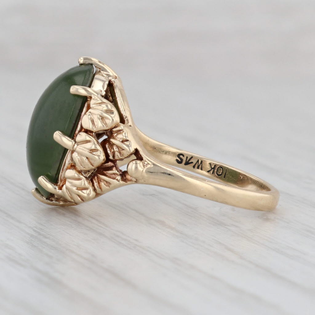 Gray Green Nephrite Jade Leaf Ring 10k Yellow Gold Size 6.5 Oval Cabochon Solitaire