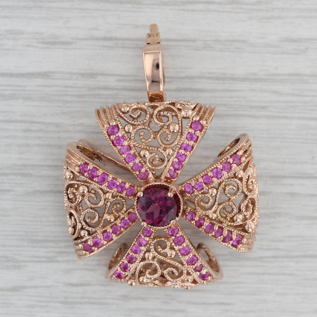 Gray 2ctw Red Garnet Pink Sapphire Filigree Cross Pendant Brooch 14k Rose Gold