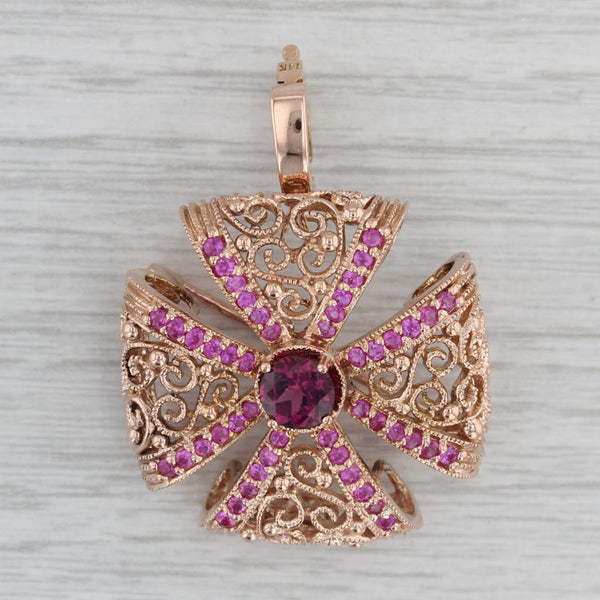2ctw Red Garnet Pink Sapphire Filigree Cross Pendant Brooch 14k Rose Gold