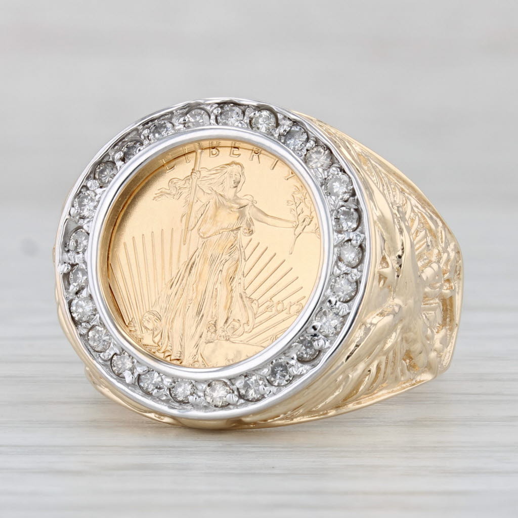 Light Gray 2012 American Eagle 1/10oz Coin Ring 10k 22k Gold 0.40ctw Diamond Bezel SZ 11