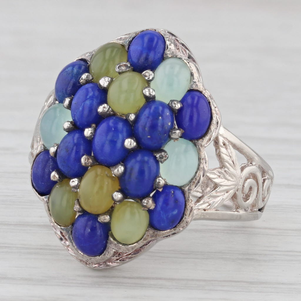 Gray Gemstone Cluster Ring Sterling Silver Lapis Lazuli Chalcedony Cabochons Size 6.5