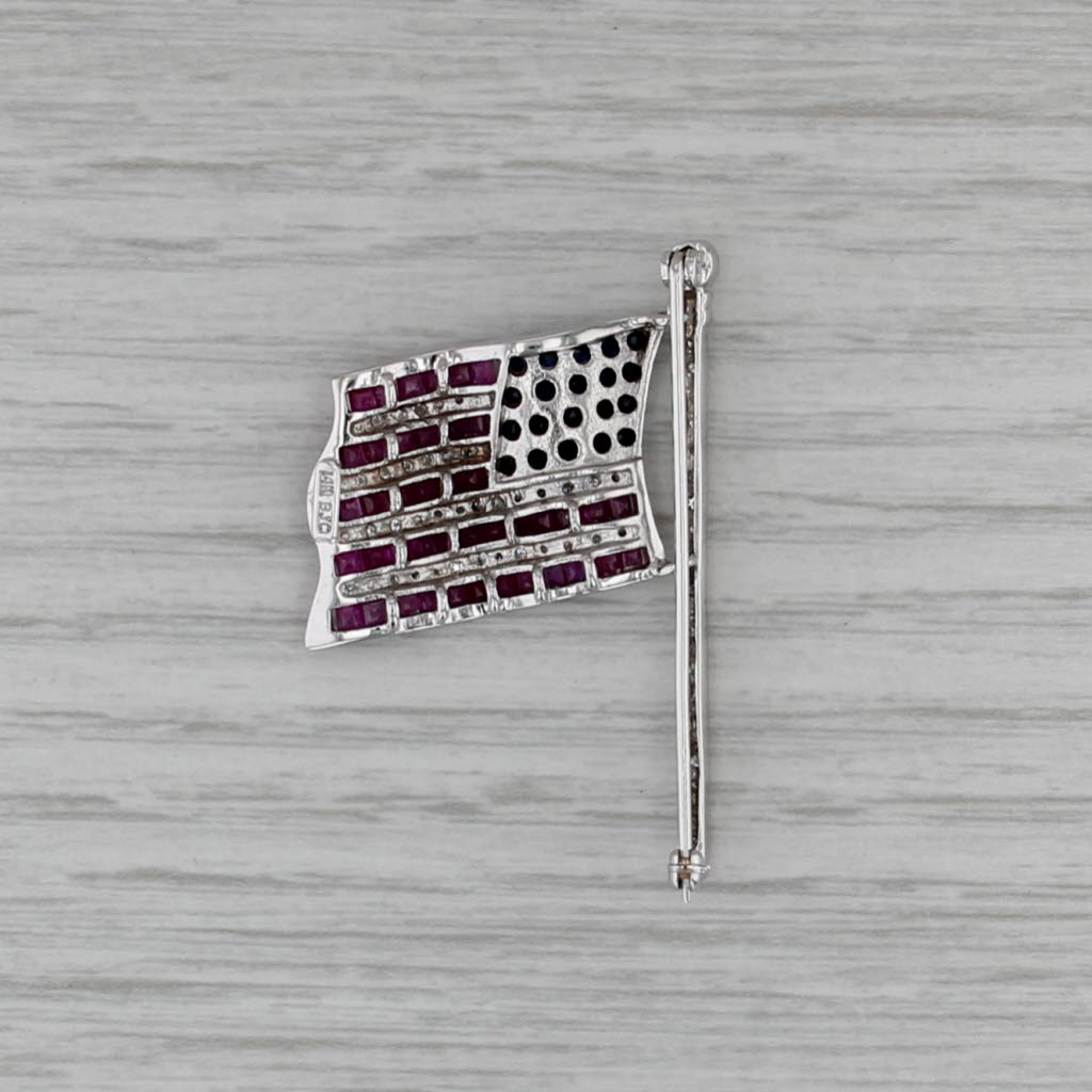 American Flag Brooch 2.54ctw Diamond Sapphire Ruby 14k White Gold Patriotic Pin