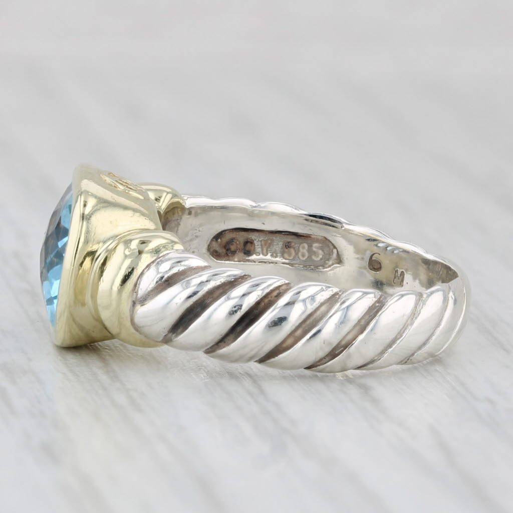 Light Gray 3.25ct Blue Topaz Cable Ring Sterling Silver 14k Gold Size 6.5 David Yurman