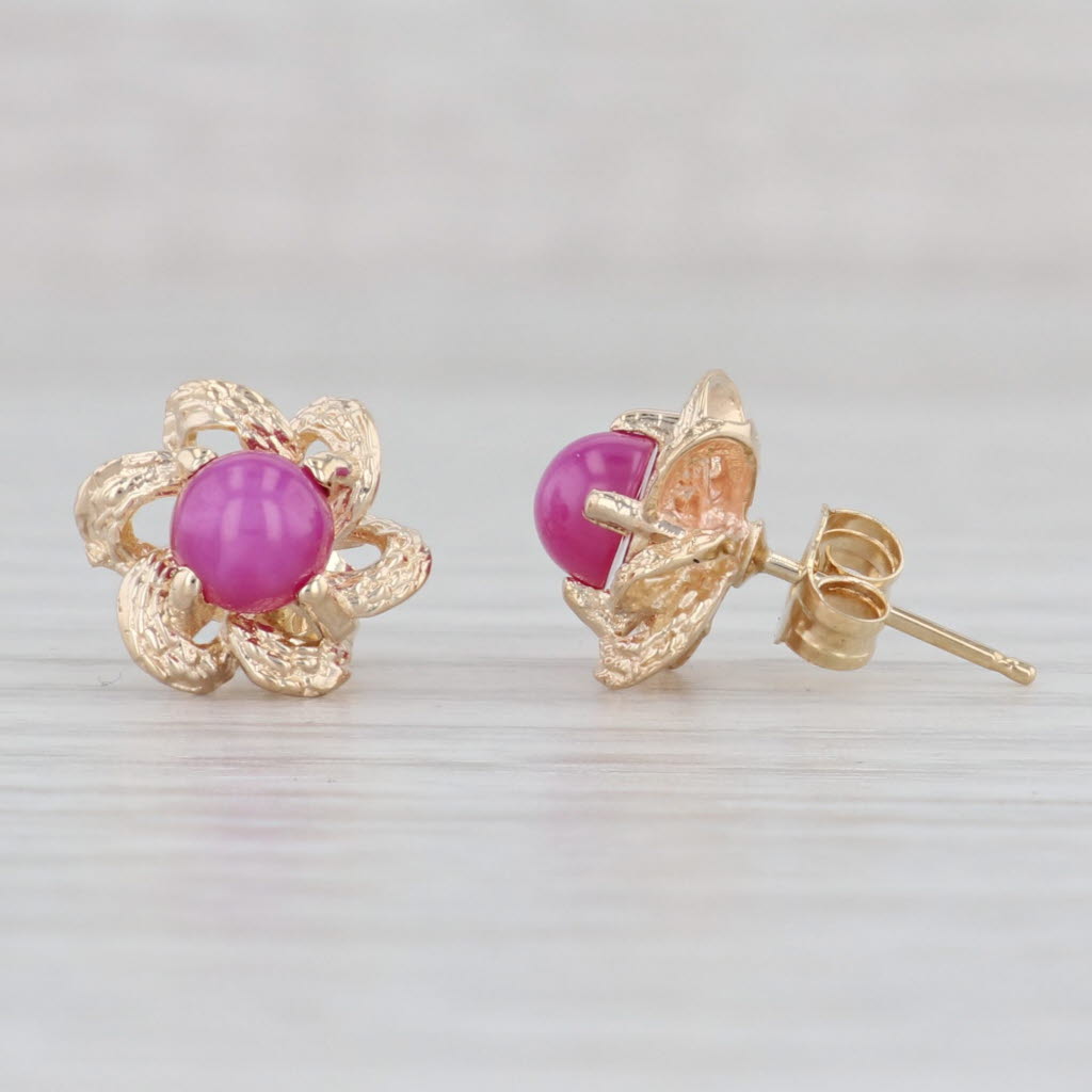 Light Gray Lab Created Ruby Flower Stud Earrings 14k Yellow Gold Round Cabochons