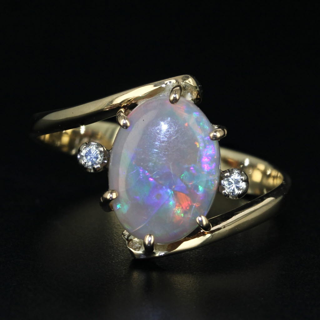 Black Opal Diamond Bypass Ring 14k Yellow Gold Size 8