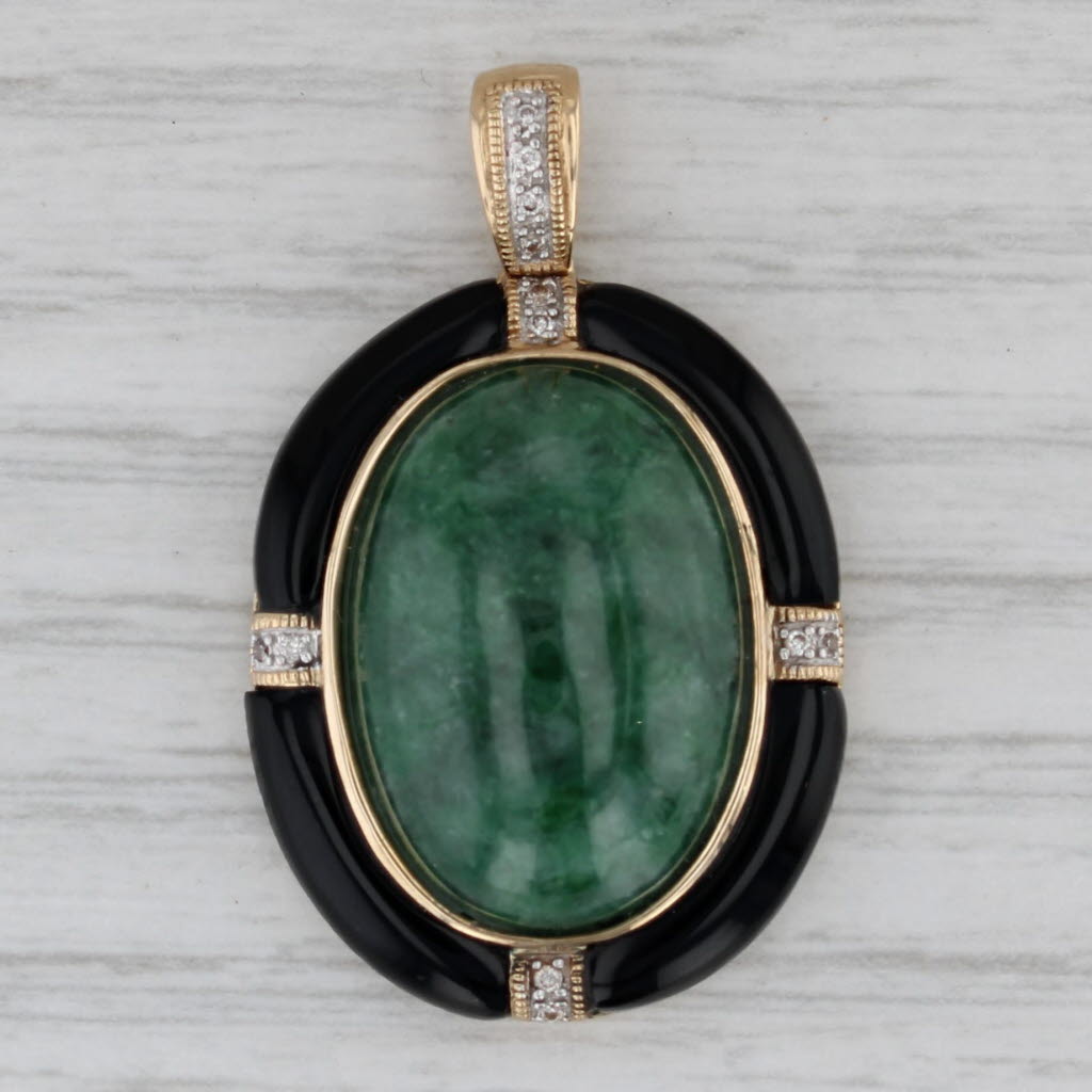 Gray Oval Cabochon Green Jadeite Jade Onyx Diamond Pendant 14k Yellow Gold