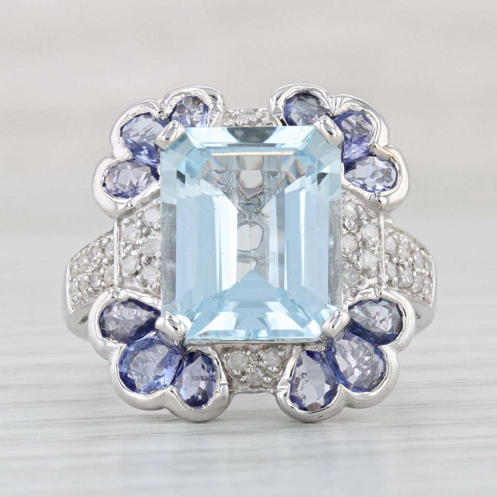 Light Gray 6.29ctw Aquamarine Tanzanite Cocktail Ring 14k White Gold Size 8.25