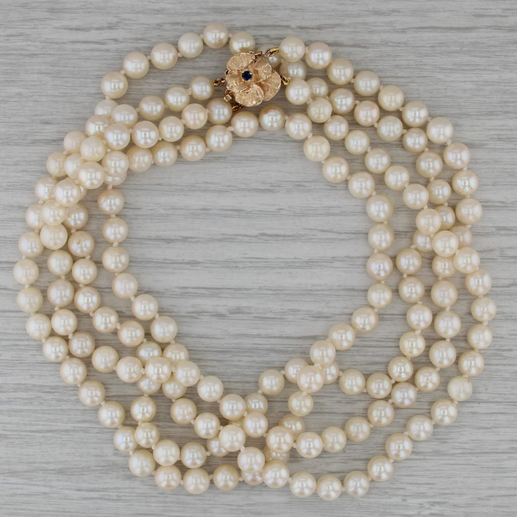 Vintage Cultured Pearl Bead Necklace Sapphire Flower Clasp 14k Gold 2 Strand