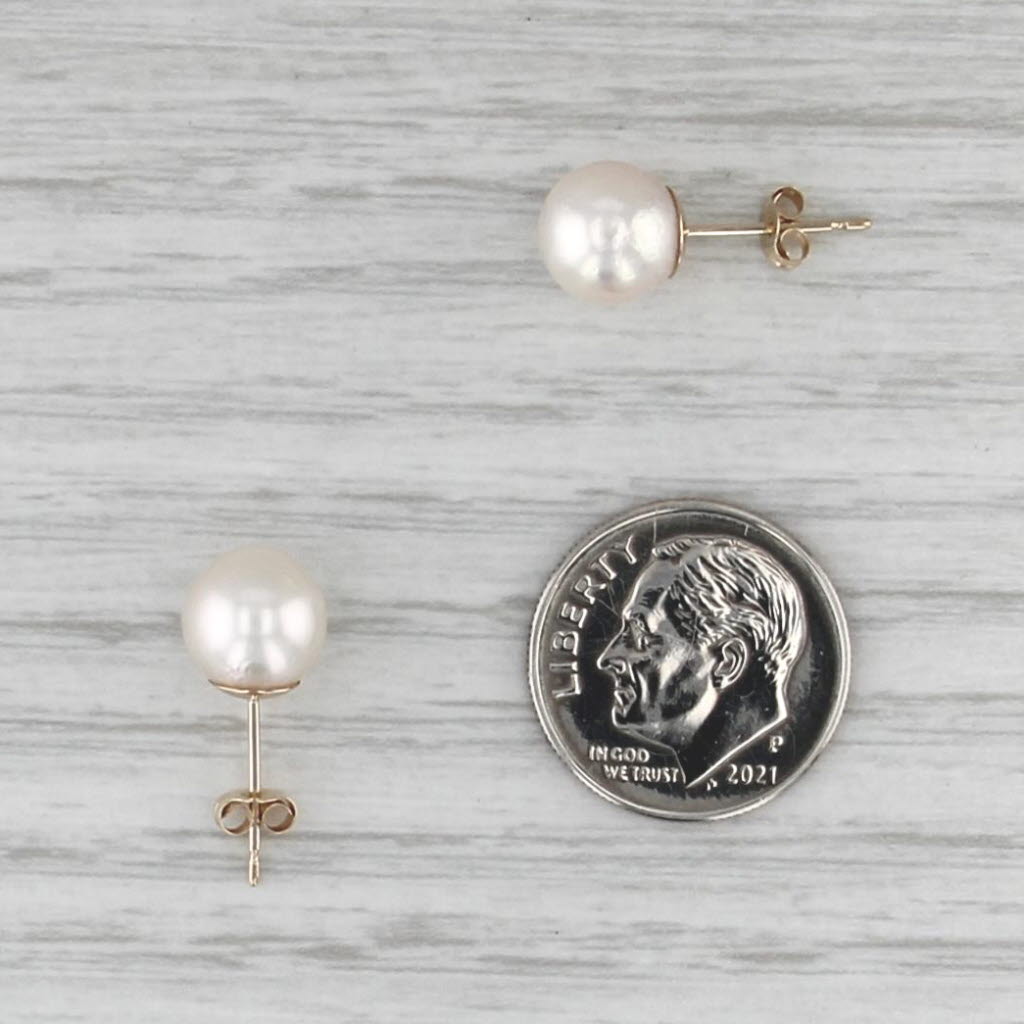 Cultured Pearl Stud Earrings 14k Yellow Gold 8mm Round Bead Solitaire Studs