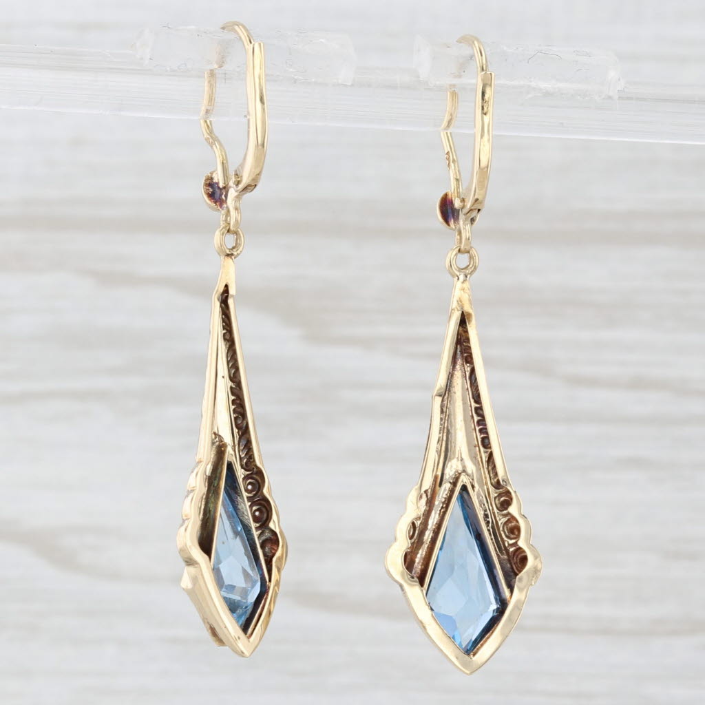 Light Gray Vintage Lab Created Blue Spinel Dangle Earrings 14k Yellow Gold Leverbacks