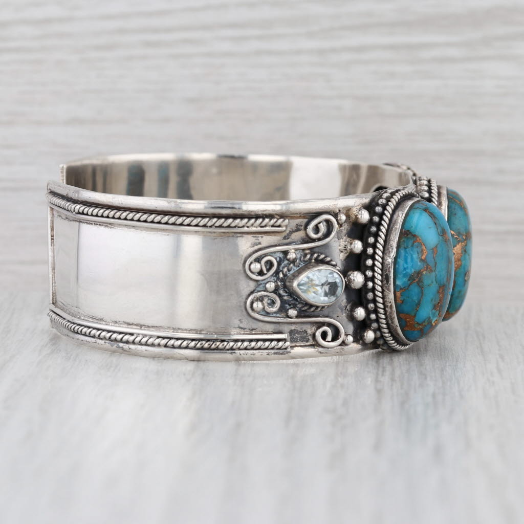Blue Turquoise Topaz Cuff Bracelet Sterling Silver 7.25" Vintage Statement