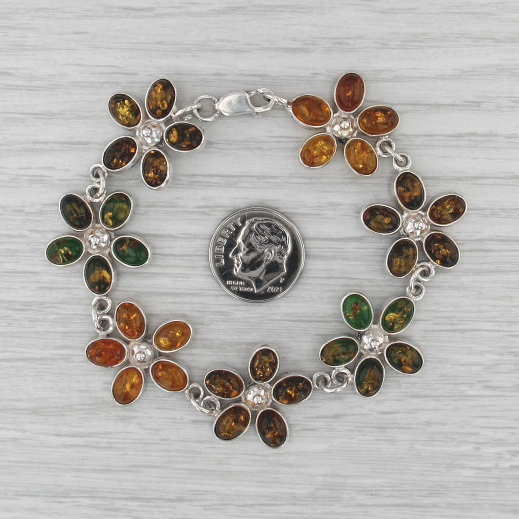 7.25" Amber Flower Link Bracelet Sterling Silver Floral Statement