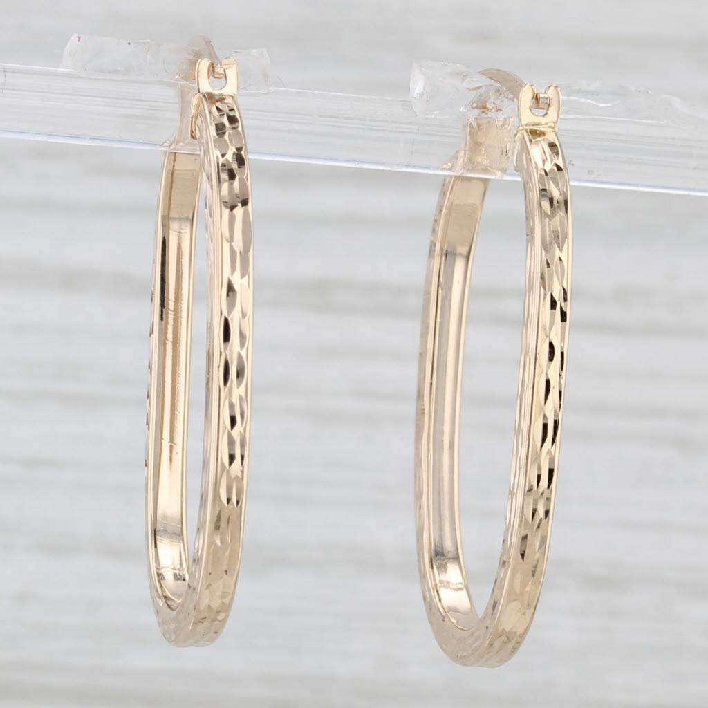 Light Gray Etched Pattern Oval Hoop Earrings 14k Yellow Gold Snap Top Hoops