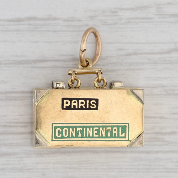 Gray Vintage French Suitcase Souvenir Charm 18k Gold Enamel Opens Heart Inside