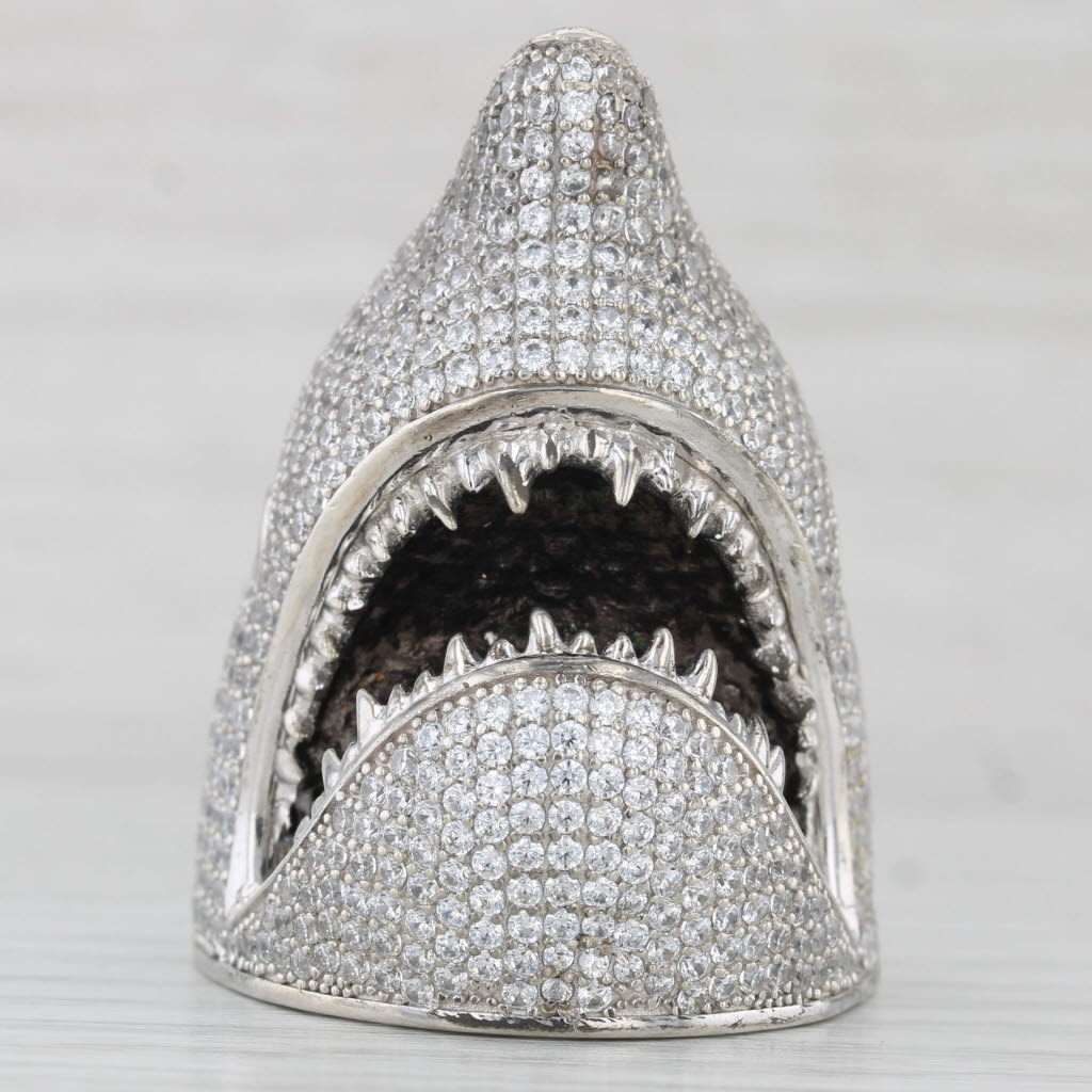 Light Gray Large Shark Head Pendant sterling Silver Black White Cubic Zirconias Nautical