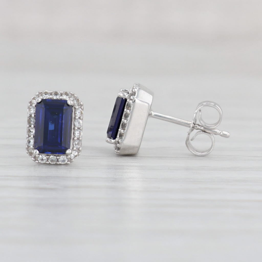 Light Gray 1.75ctw Lab Created Blue Sapphire Halo Stud Earrings 10k White Gold