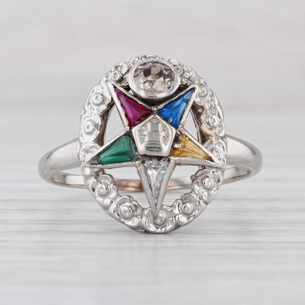Order Eastern Star Ring 14k Gold Diamond Lab Created Gemstone OES Masonic