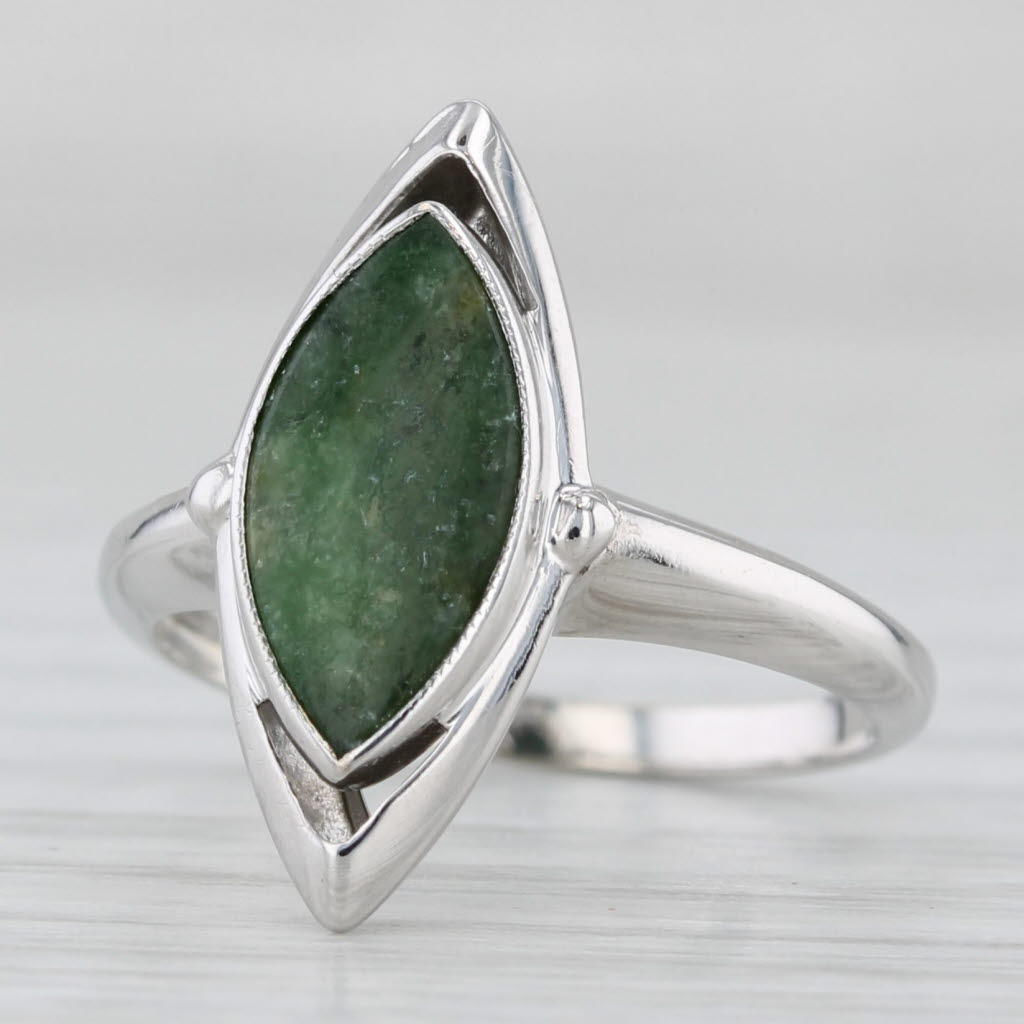 Light Gray Nephrite Jade Navette Cabochon Solitaire Ring 10k White Gold Size 4.5