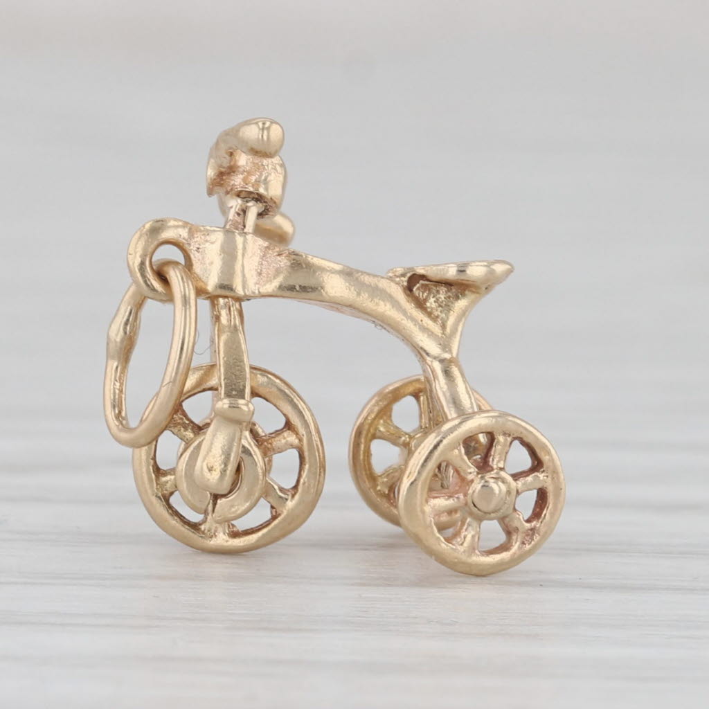 Light Gray Tricycle Charm 14k Yellow Gold Small Vintage Keepsake Pendant Wheels Move