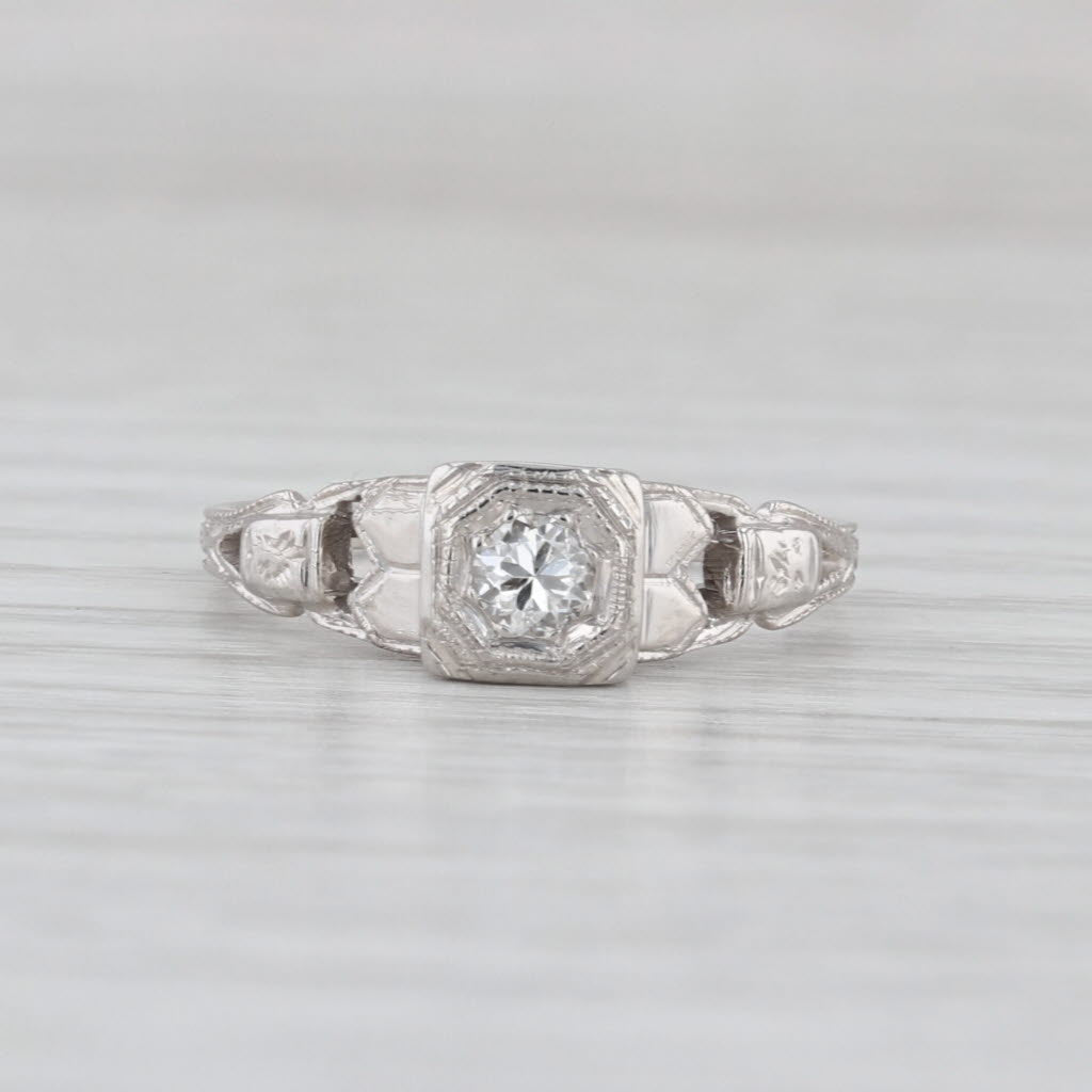 Vintage 0.14ct Transitional Cut Diamond Engagement Ring 18k White Gold Size 5