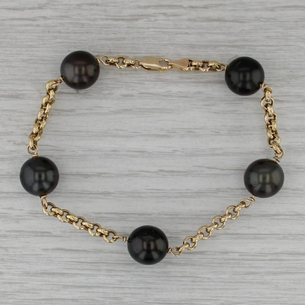 Cultured Black Pearl Bead Station Bracelet 14k Yellow Gold Rolo Cable Chain 7"