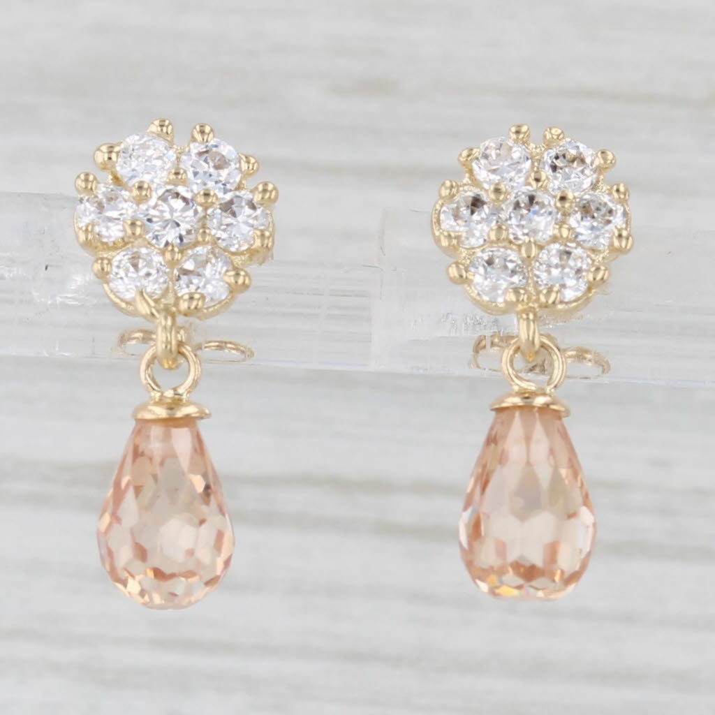 Light Gray Peach Briolette & White Cubic Zirconia Flower Drop Earrings 14k Yellow Gold