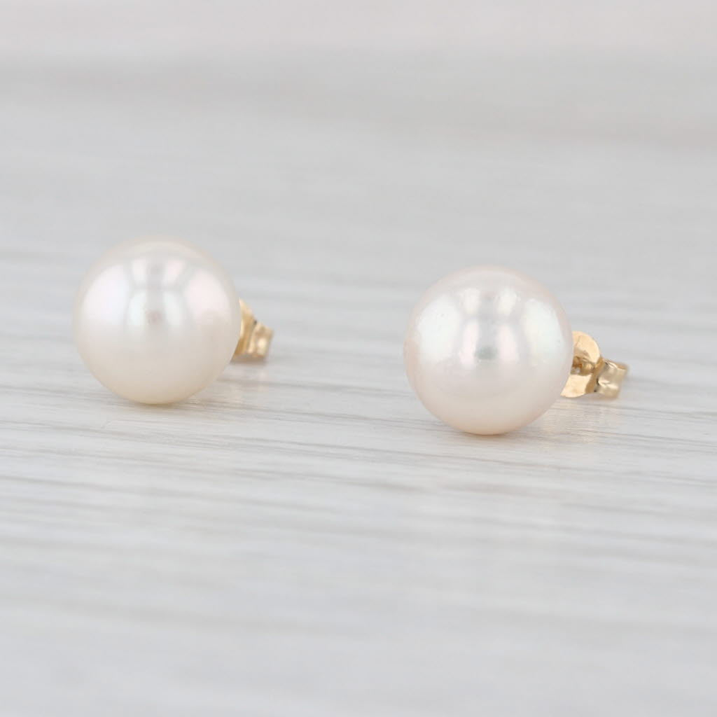 Cultured Pearl Stud Earrings 14k Yellow Gold 8mm Round Bead Solitaire Studs