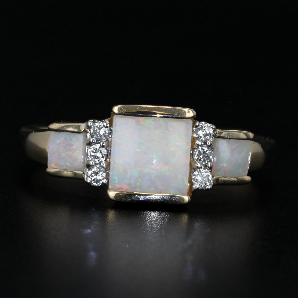 Dark Gray Lab Created Opal Diamond 3-Stone Ring 14k Yellow Gold Size 7.25