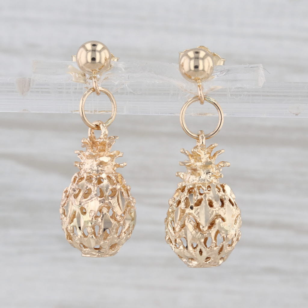 Pineapple Dangle Earrings 14k Yellow Gold Pierced Drops