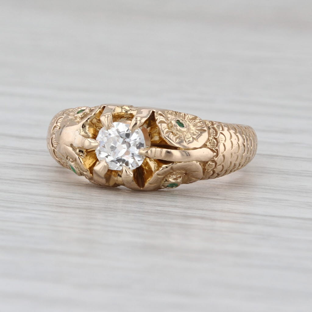 Antique 0.40ct Old Mine Cut Diamond Soliaire Engagement Ring 14k Gold Emeralds