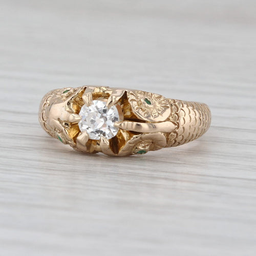 Antique 0.40ct Old Mine Cut Diamond Soliaire Engagement Ring 14k Gold Emeralds