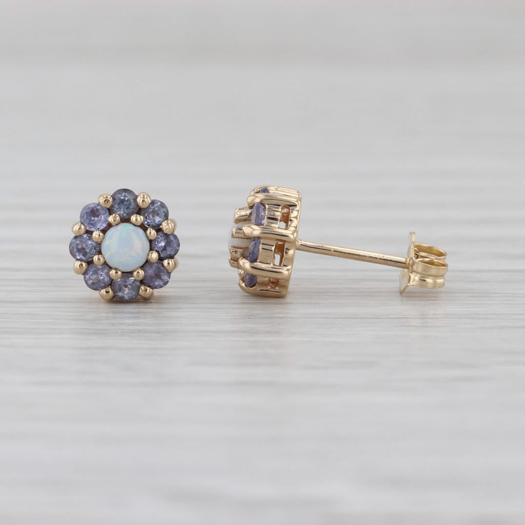 Opal Tanzanite Halo Stud Earrings 10k Yellow Gold Flower Studs
