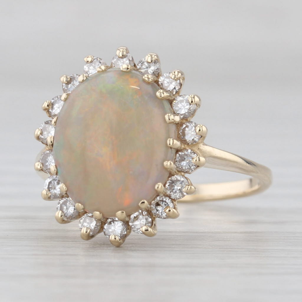 Oval Opal Cabochon Diamond Halo Ring 14k Yellow Gold Size 6.75