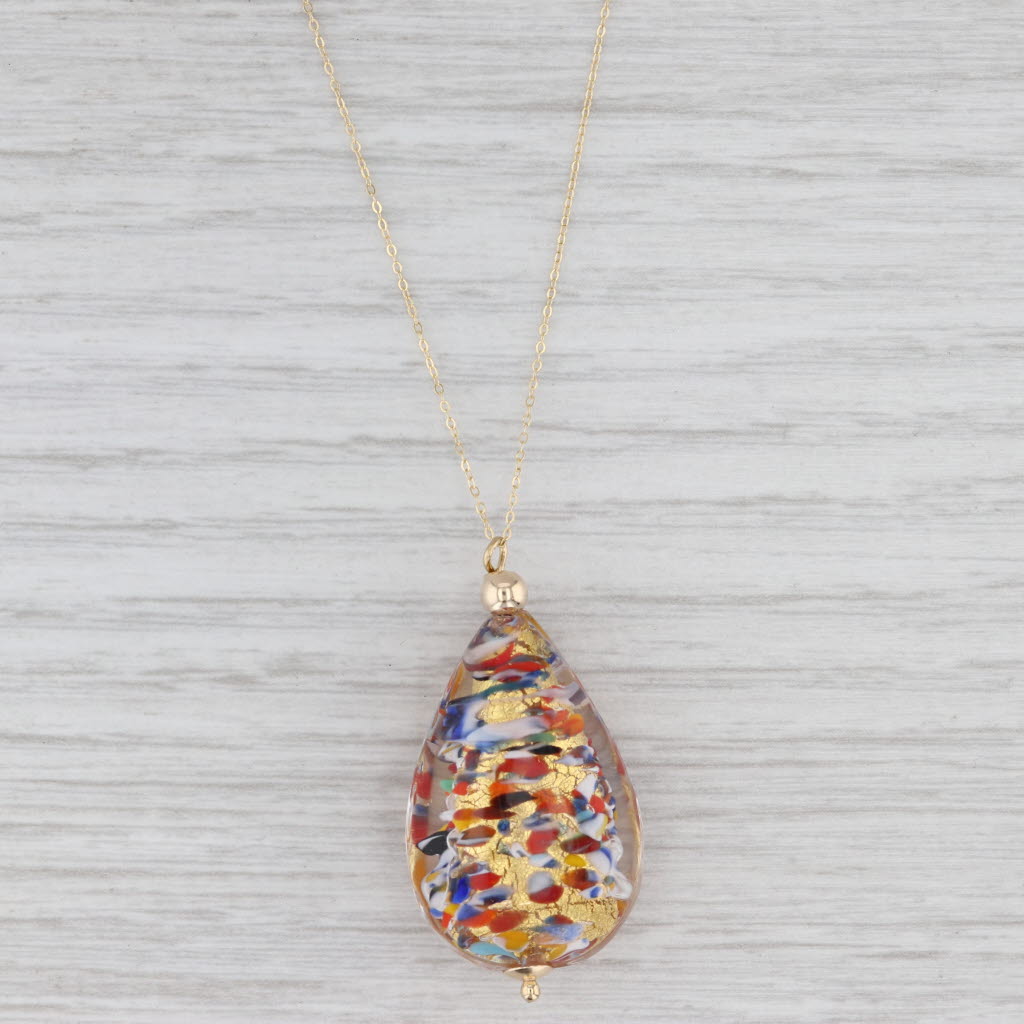 New Colorful Glass Mosaic Teardrop Pendant Necklace 14k Yellow Gold 16"-18"