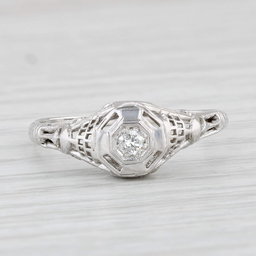 Light Gray Art Deco Diamond Solitaire Engagement Ring 18k White Gold Filigree Size 8