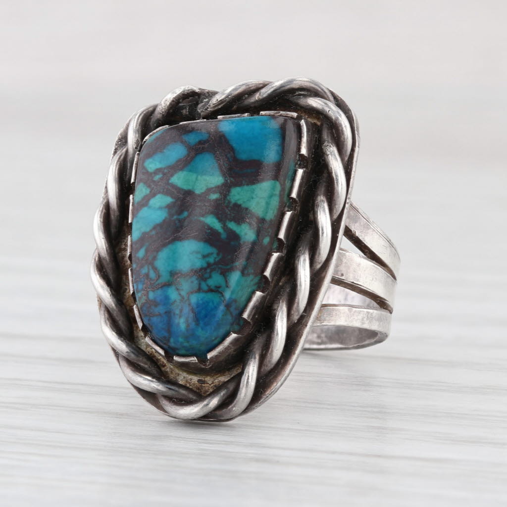 Imitation Turquoise Glass Ring Vintage Native American Sterling Silver Size 6.5