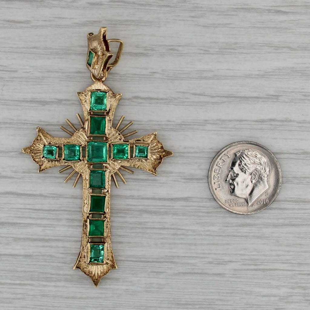Vintage 3ct Emerald Rayed Cross Pendant 18k Yellow Gold Ornate Large Drop