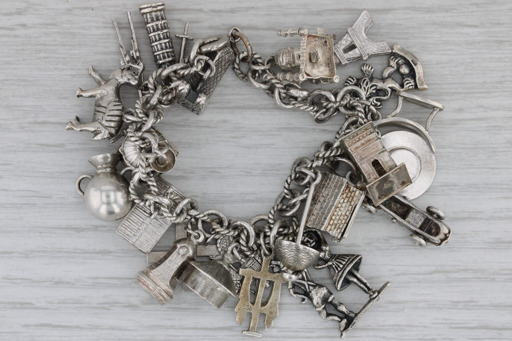 Dark Gray Vintage Silver Souvenir Charm Bracelet 7" Cross France Italy Animals Sterling