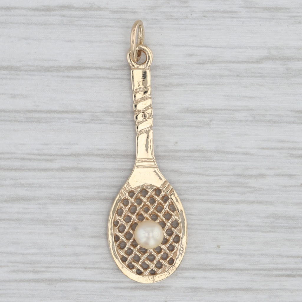 Light Gray Cultured Pearl Solitaire Tennis Racquet Pendant 14k Yellow Gold Charm
