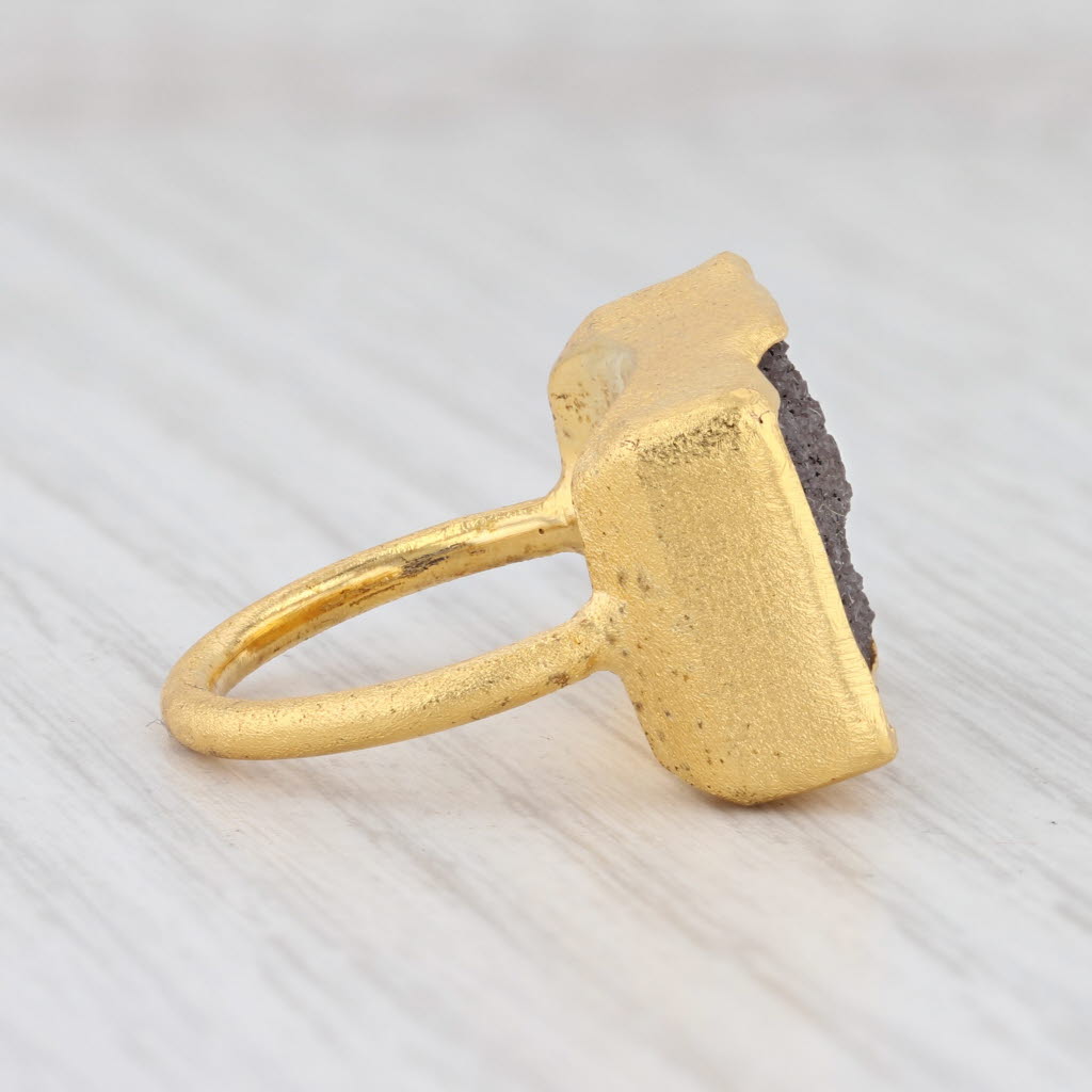 New Nina Nguyen Gray Druzy Quartz Ring Sterling Silver 22k Gold Vermeil Size 6