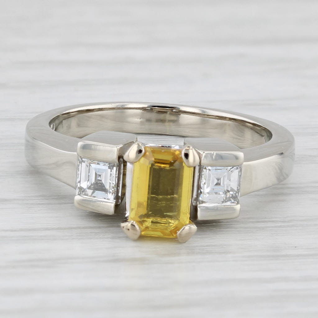 Light Gray 0.95ctw Emerald Cut Yellow Sapphire Diamond Ring 14k White Gold Size 5