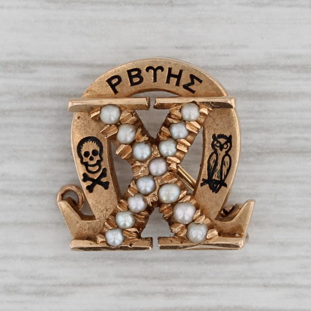 Gray Chi Omega Sorority Pin 14k Gold Pearl Skull Owl Badge Vintage Greek 1925 Antique