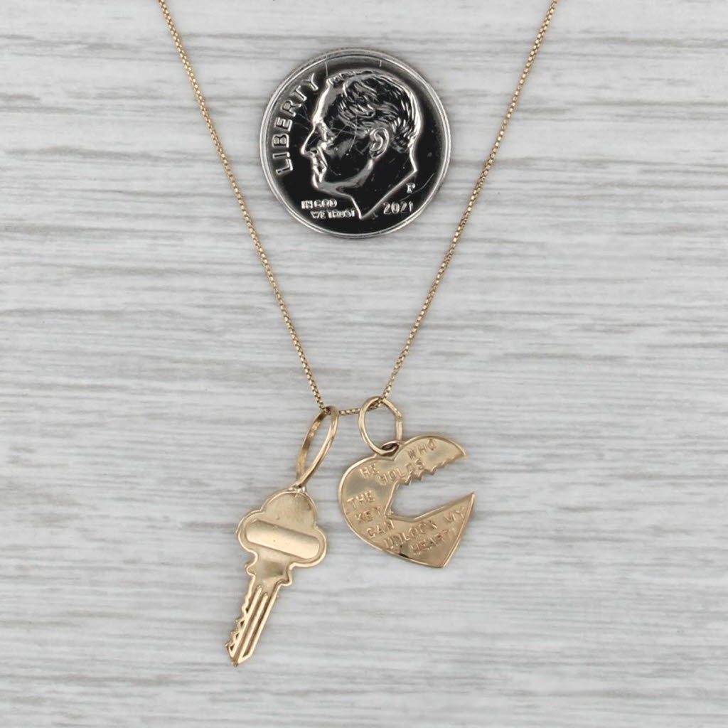 Heart & Key Pendant Necklace 14k Yellow Gold 17" Box Chain