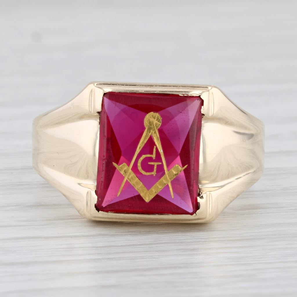 Light Gray Masonic Blue Lodge Signet Ring Lab Created Ruby 10k Gold Square Compass Sz 12.5