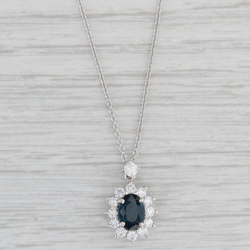Gray 1.27ctw Blue Sapphire Diamond Halo Pendant Necklace 18k White Gold 16"