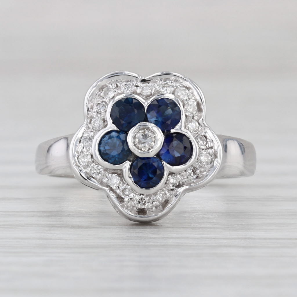 0.86ctw Blue Sapphire Diamond Flower Ring 14k White Gold Size 6.5